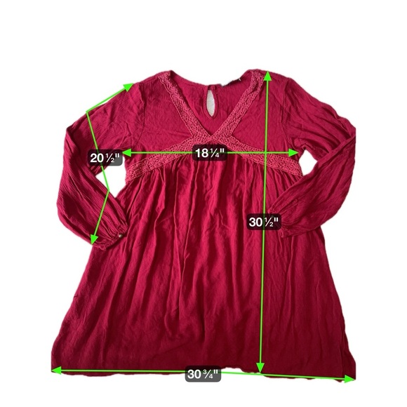 Suzanne Betro Boho Lace Trim Dress Red Textured Long Sleeve Size Large - Picture 13 of 15